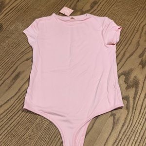 Pink, high neck, bodysuit, short sleeve
